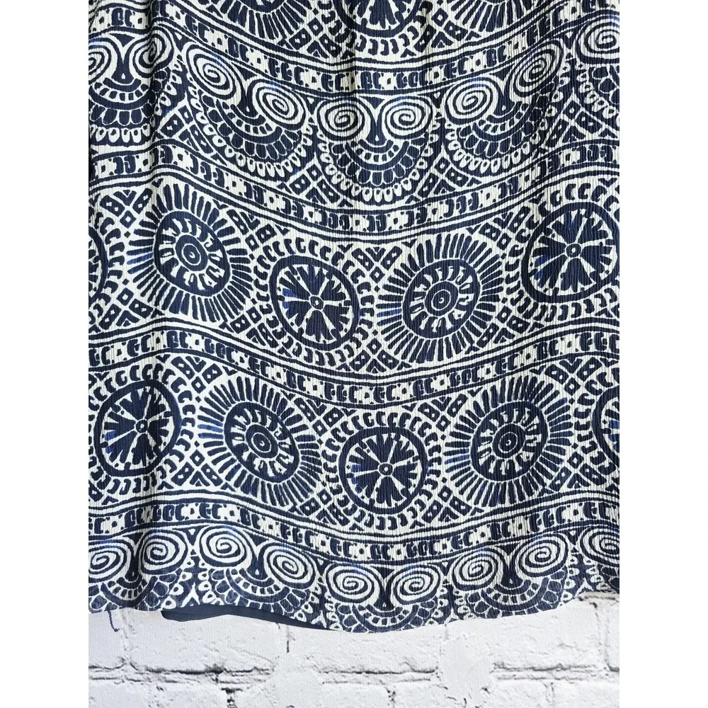 Tory Burch Silk Shell Navy Blue White Patterned Long Sleeve Button Accent Blouse